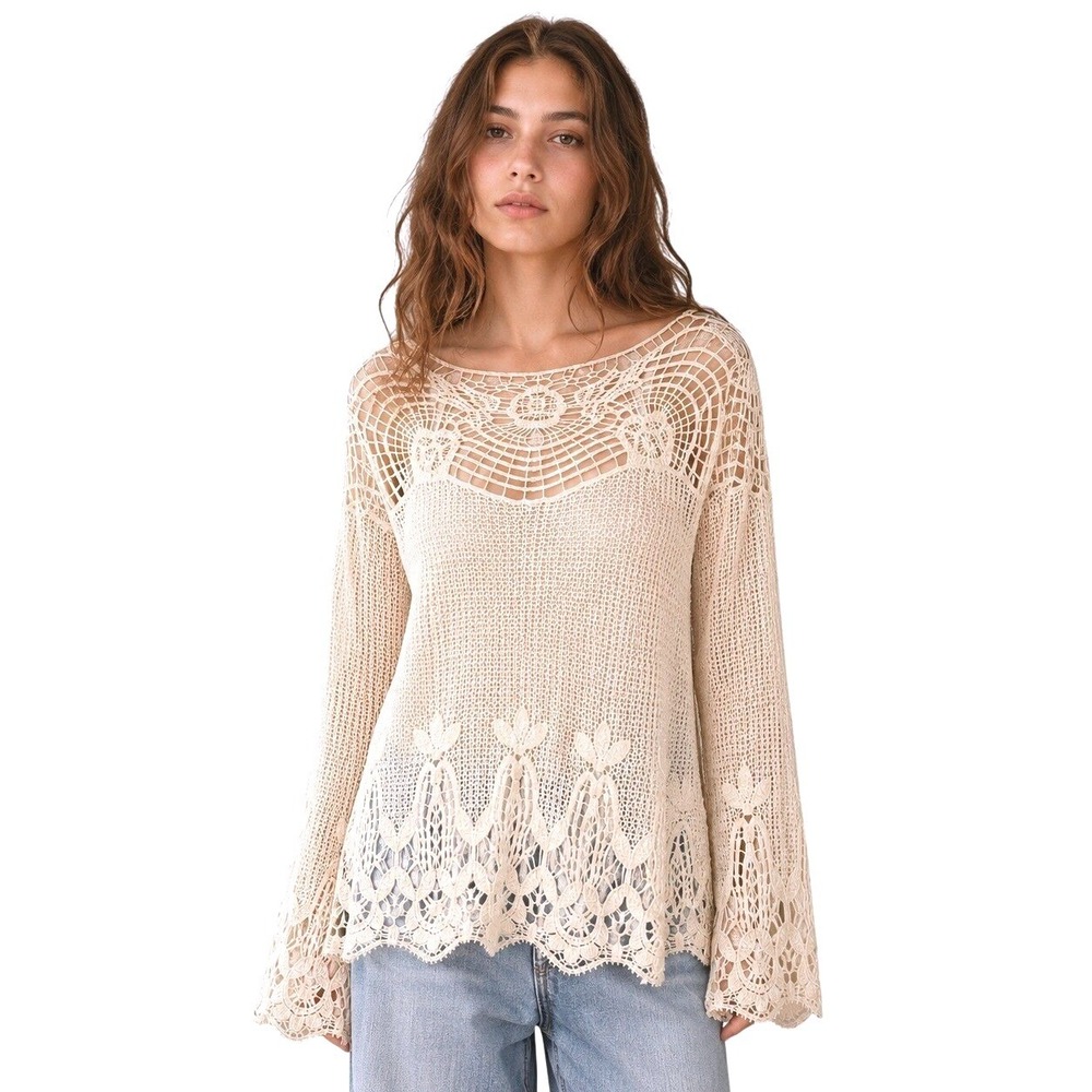 Ivory Crochet Bell Sleeve Top Size Small Boho Cottage Coastal Oversized Coverup‎